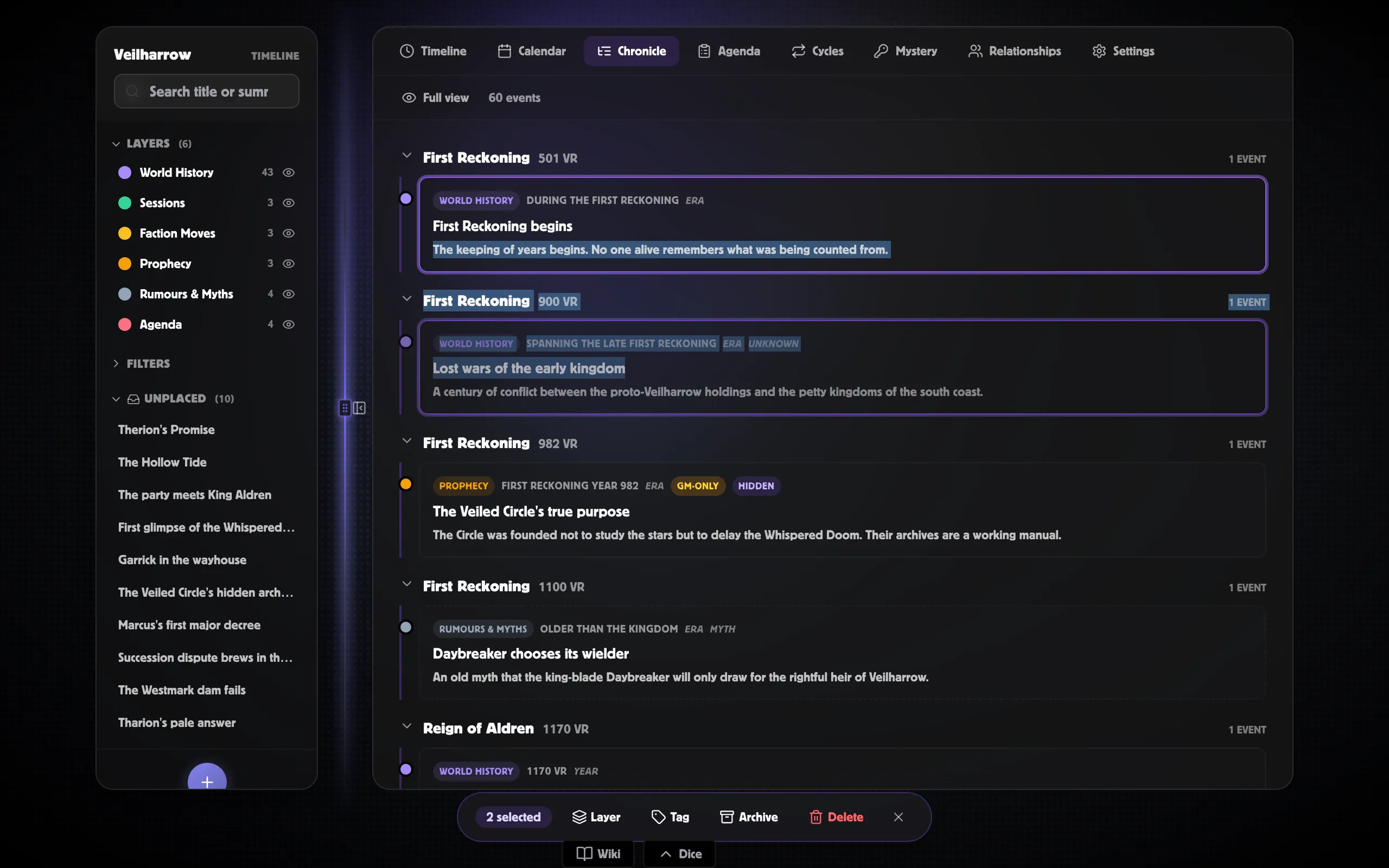 Chronicle with two events shift-selected and the floating action bar