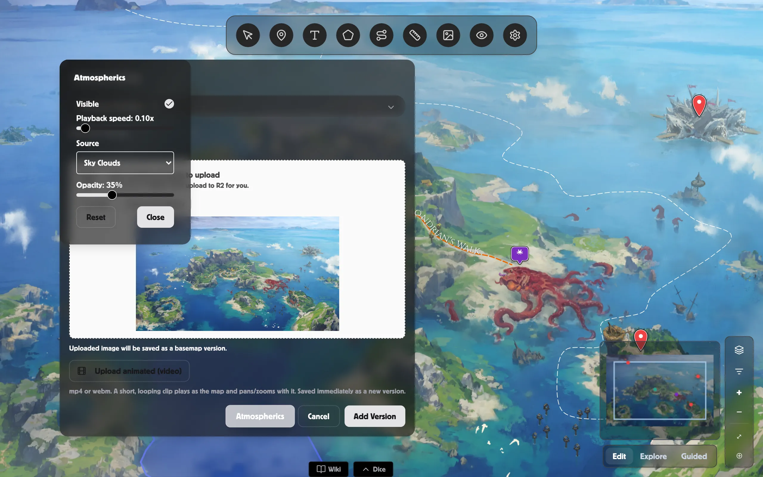 The Atmospherics panel over a World Map — Visible, Playback speed, Source and Opacity