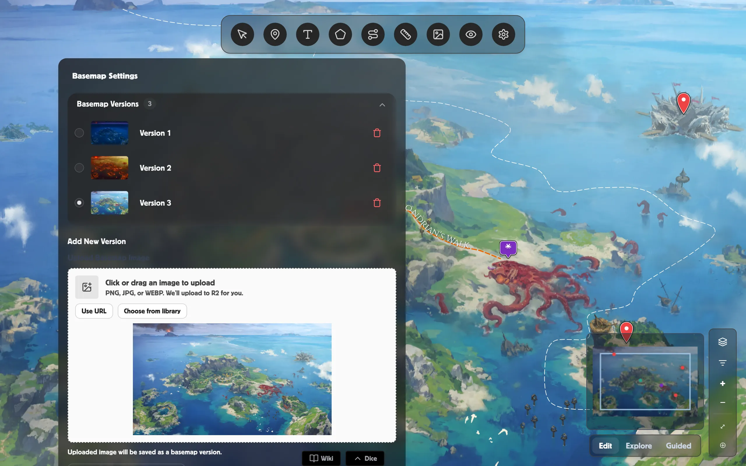 The Basemap Settings panel showing two saved versions with thumbnails, the active one selected, and the Add New Version uploader