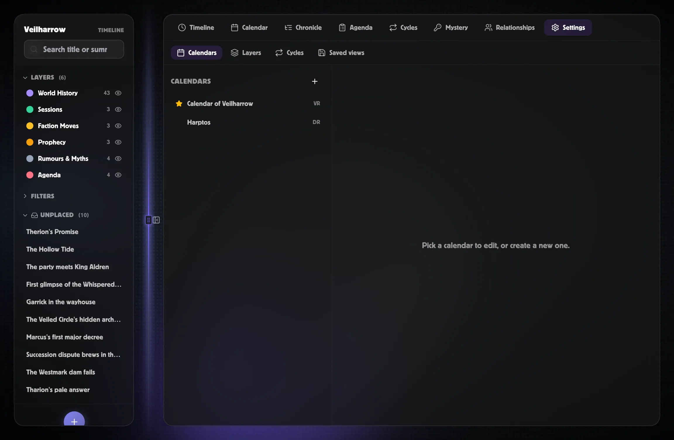 Settings → Calendars sub-tab