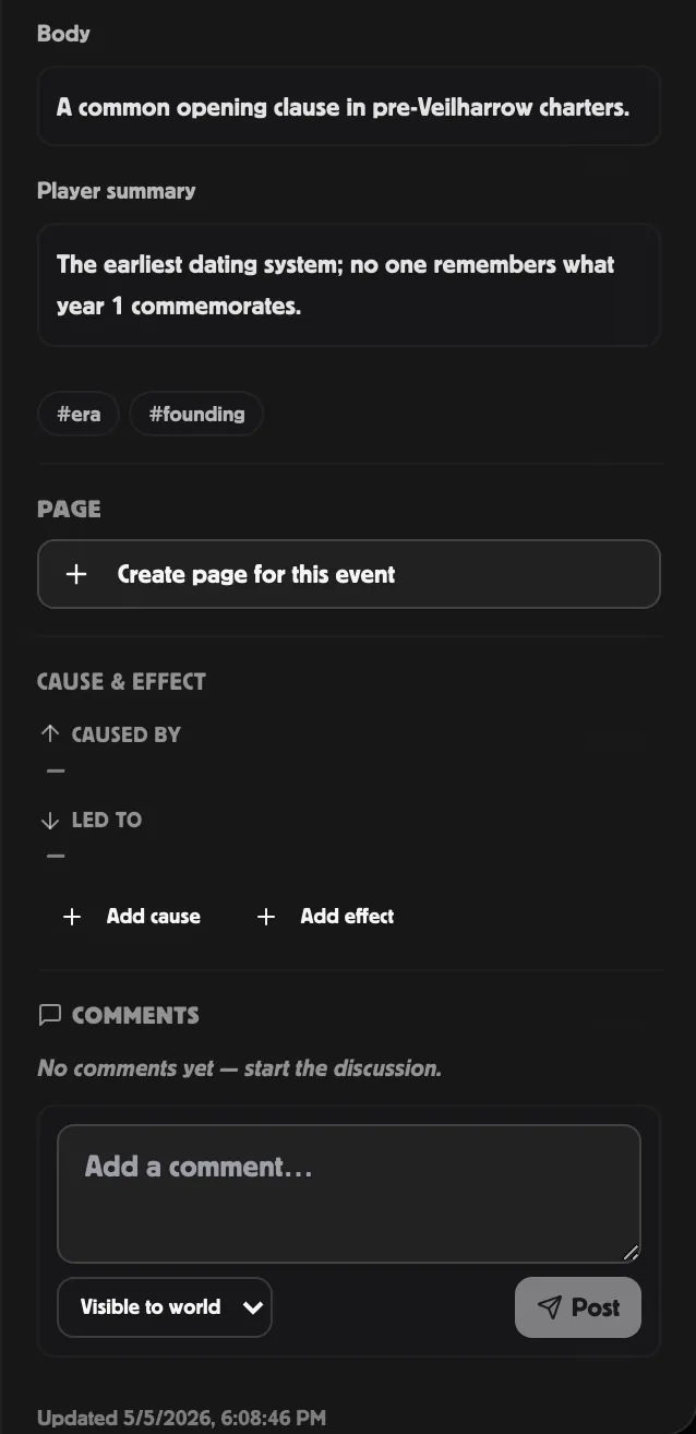 Inspector comments section with a GM-only and a world comment