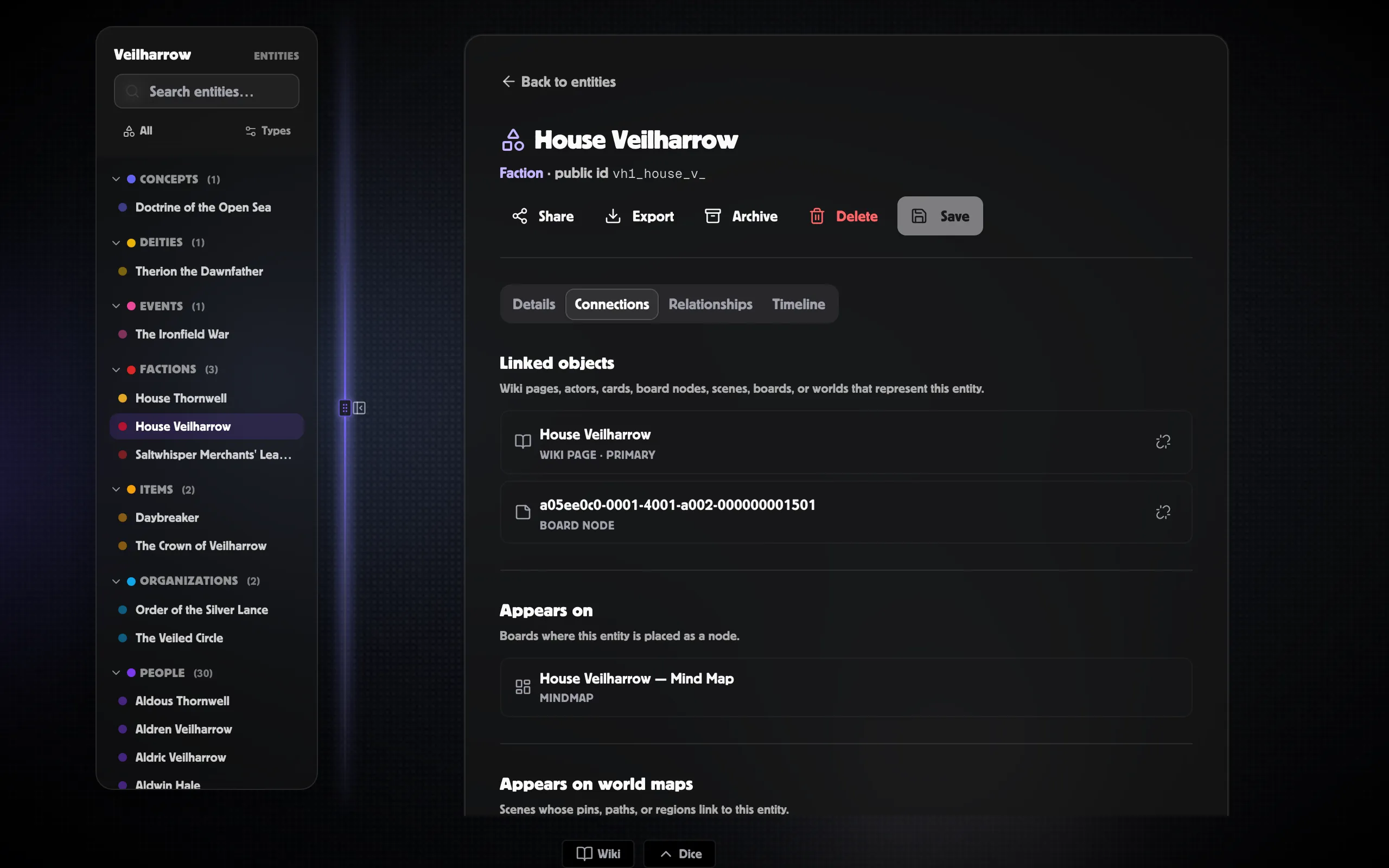 The Connections tab — linked objects, board appearances and backlinks