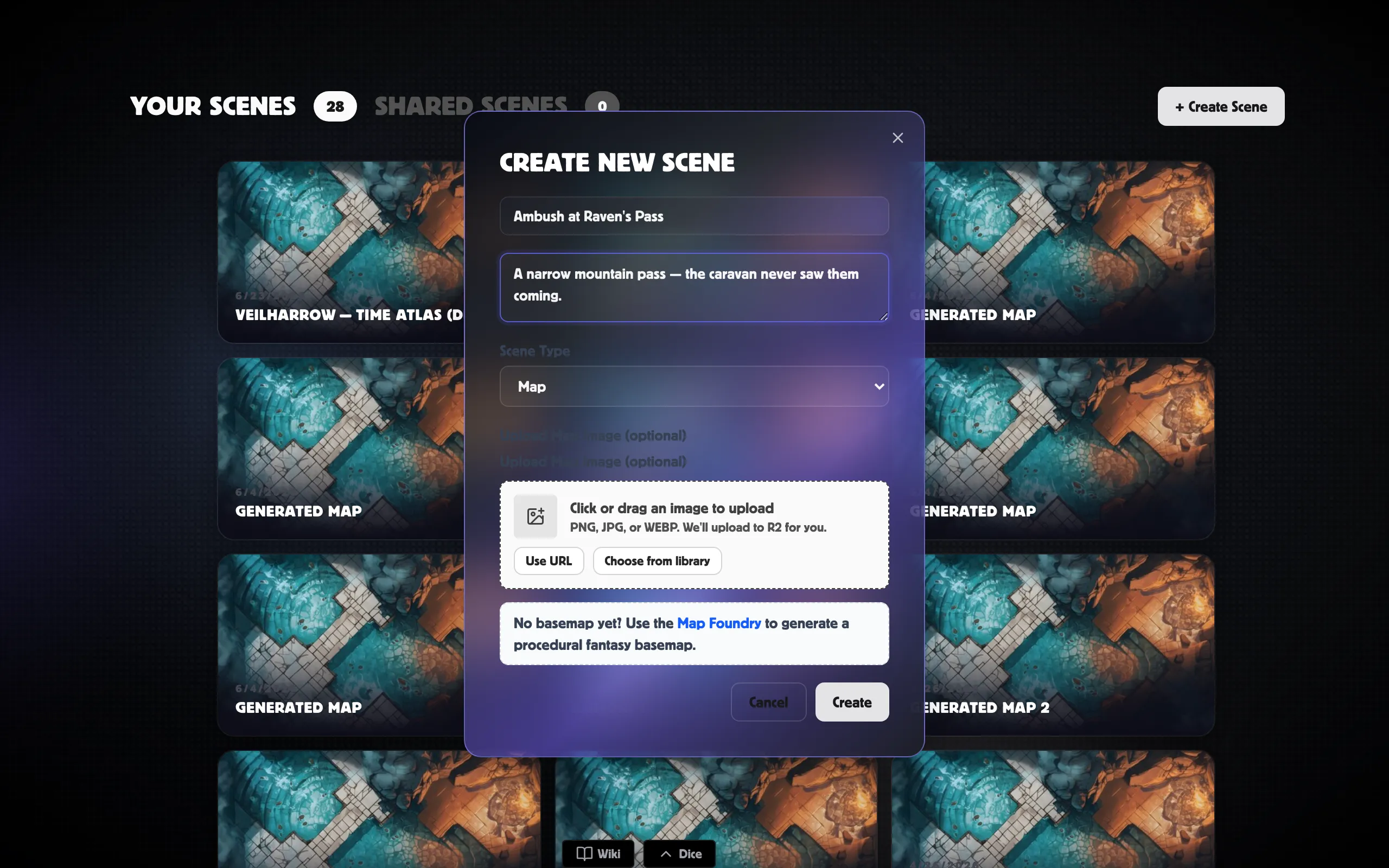 The Create New Scene dialog — name, scene type and the map uploader