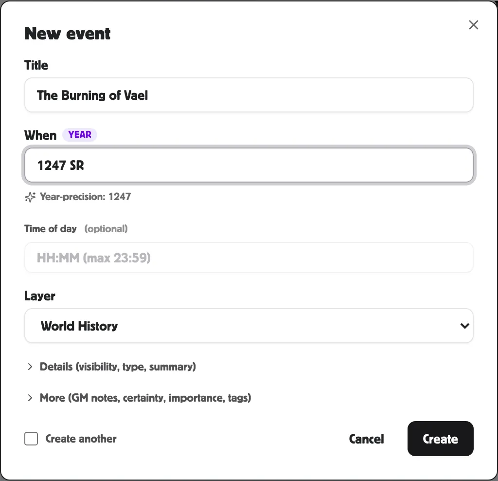 Event create dialog with title / when / layer filled