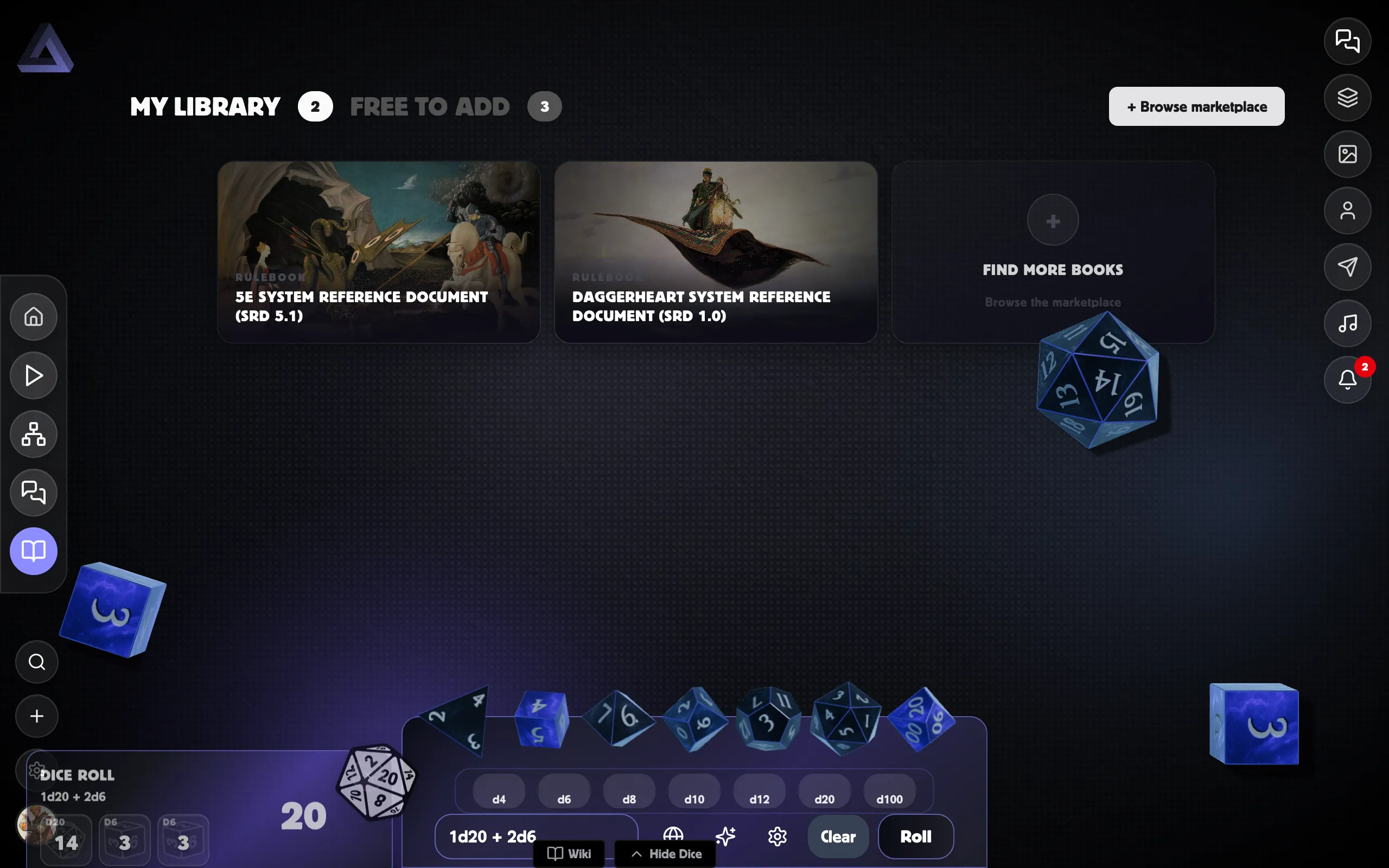 The dice panel open on desktop — the dice strip, the notation box, and the Roll / Clear buttons