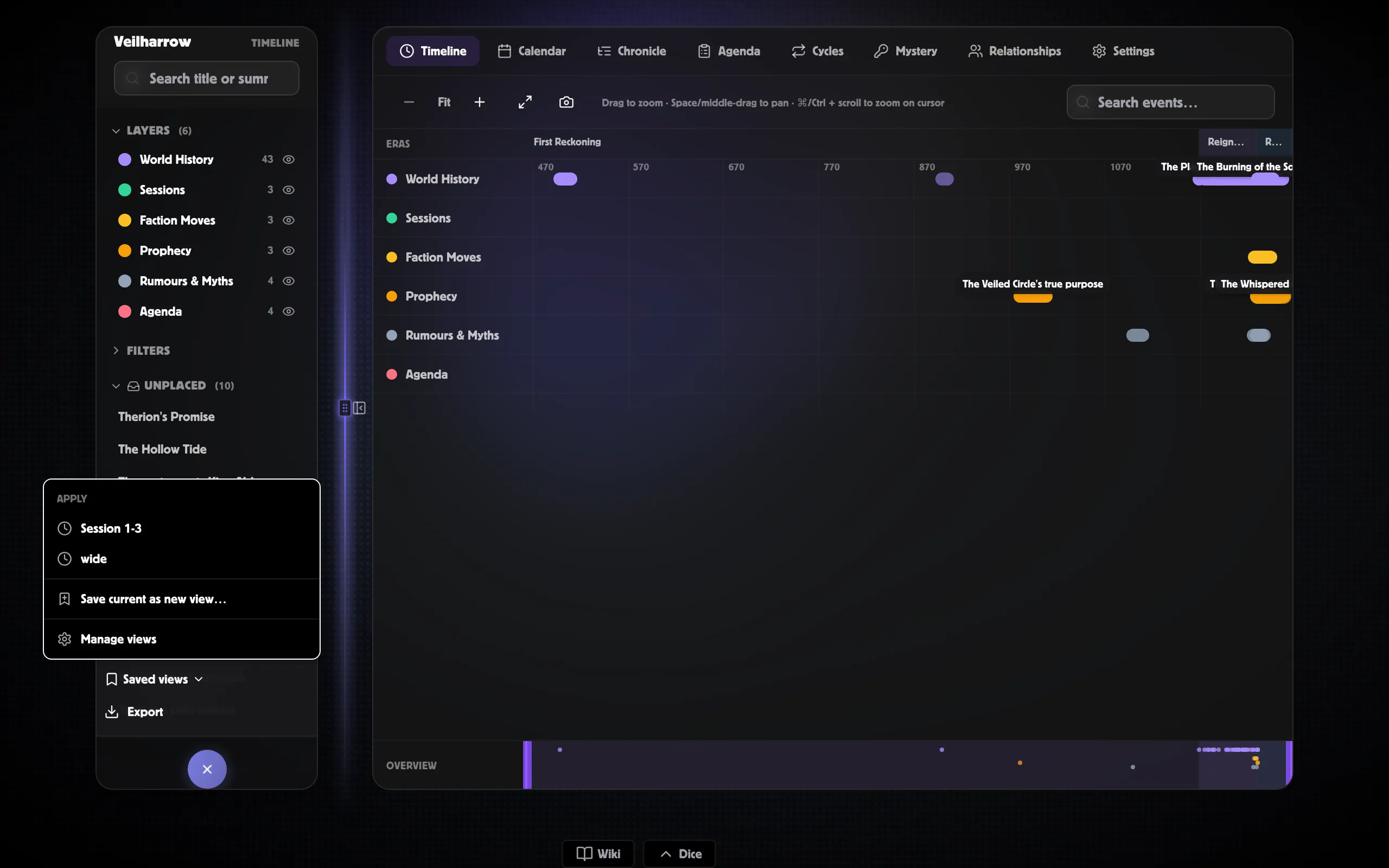 Bookmark dropdown showing saved views