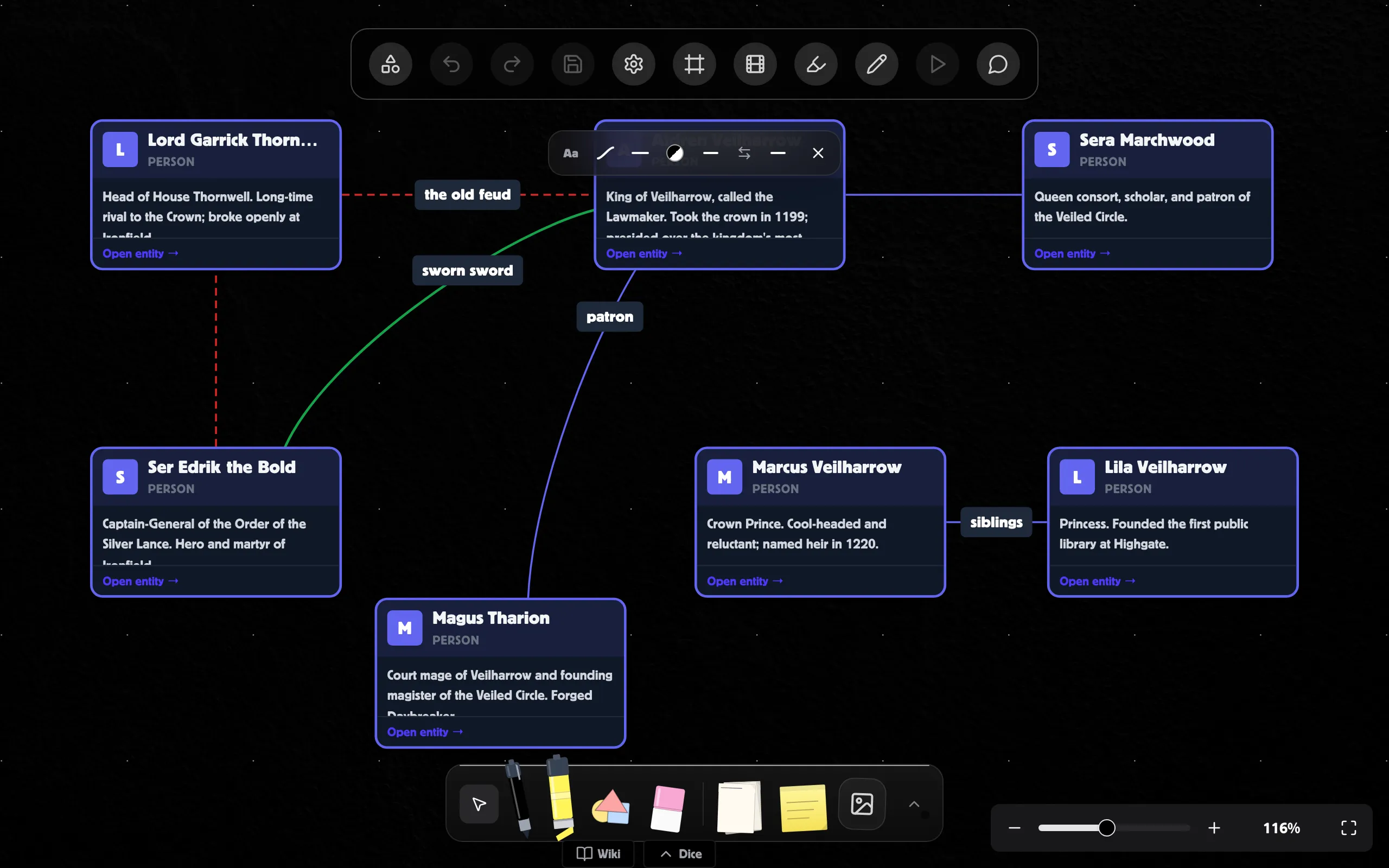 An edge selected on a board, with the floating edge toolbar above it and several typed, labelled connections between character nodes