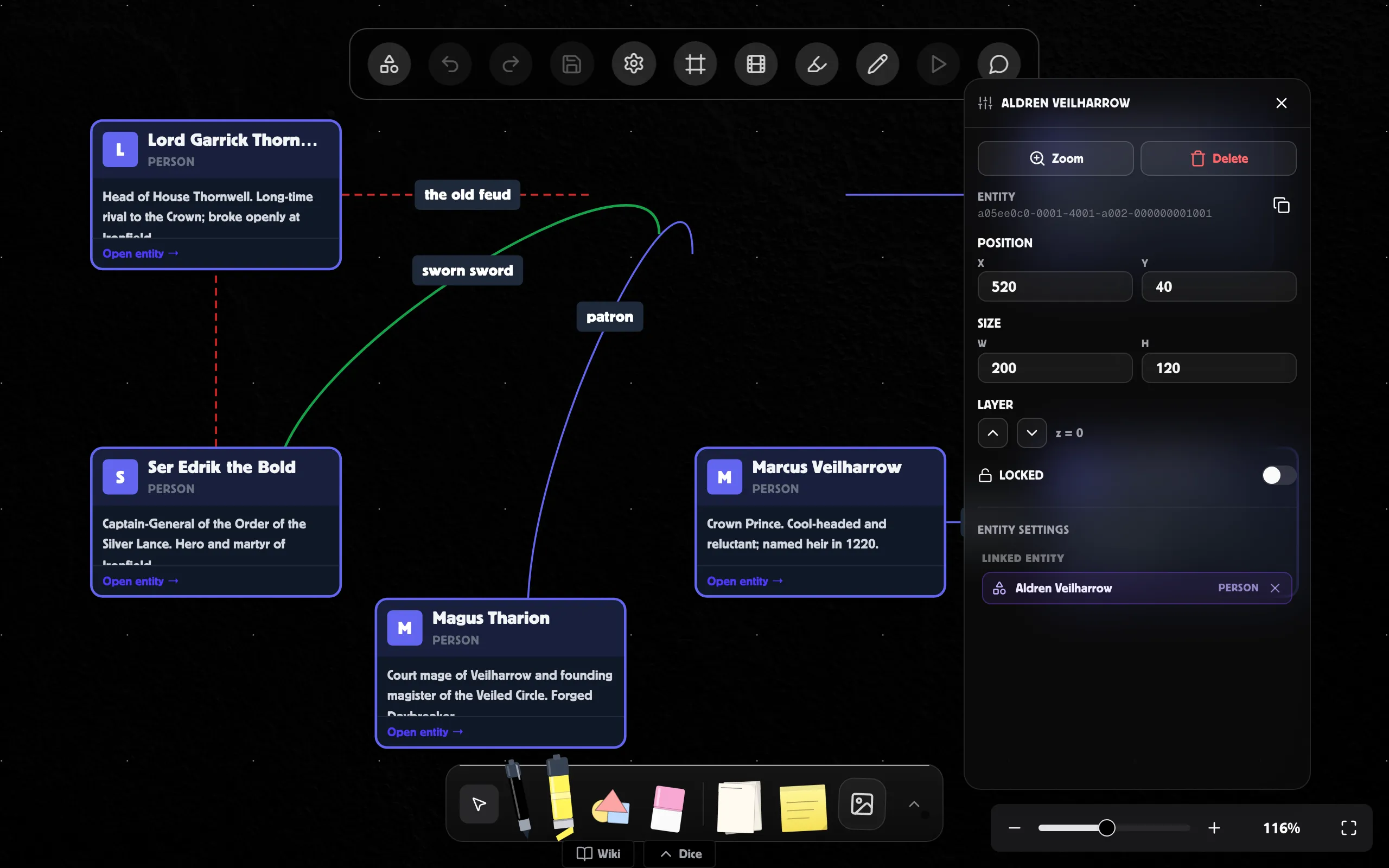 An entity node selected on a board, with the Inspector open showing its linked world entity