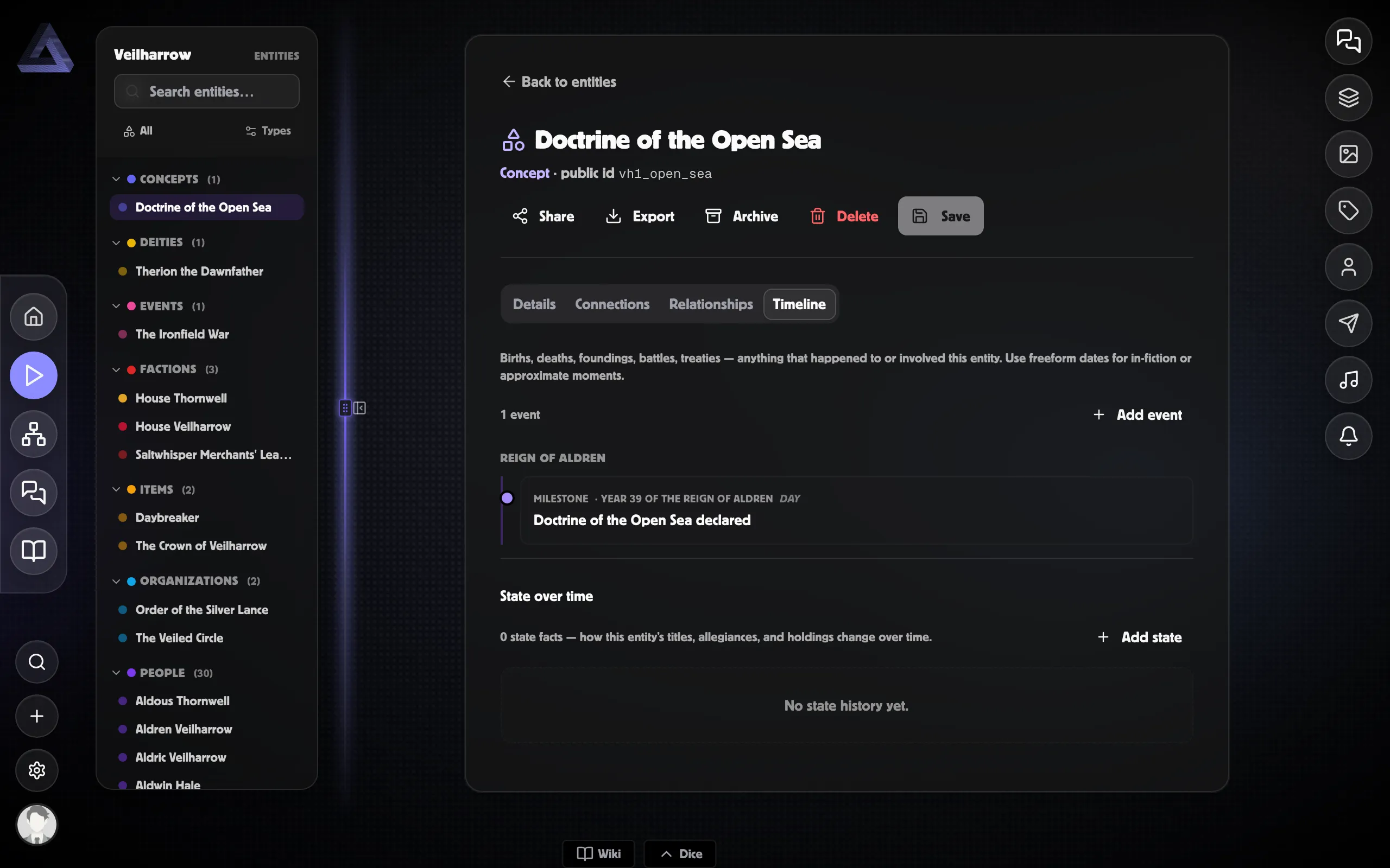 Entity detail page with the Timeline tab open