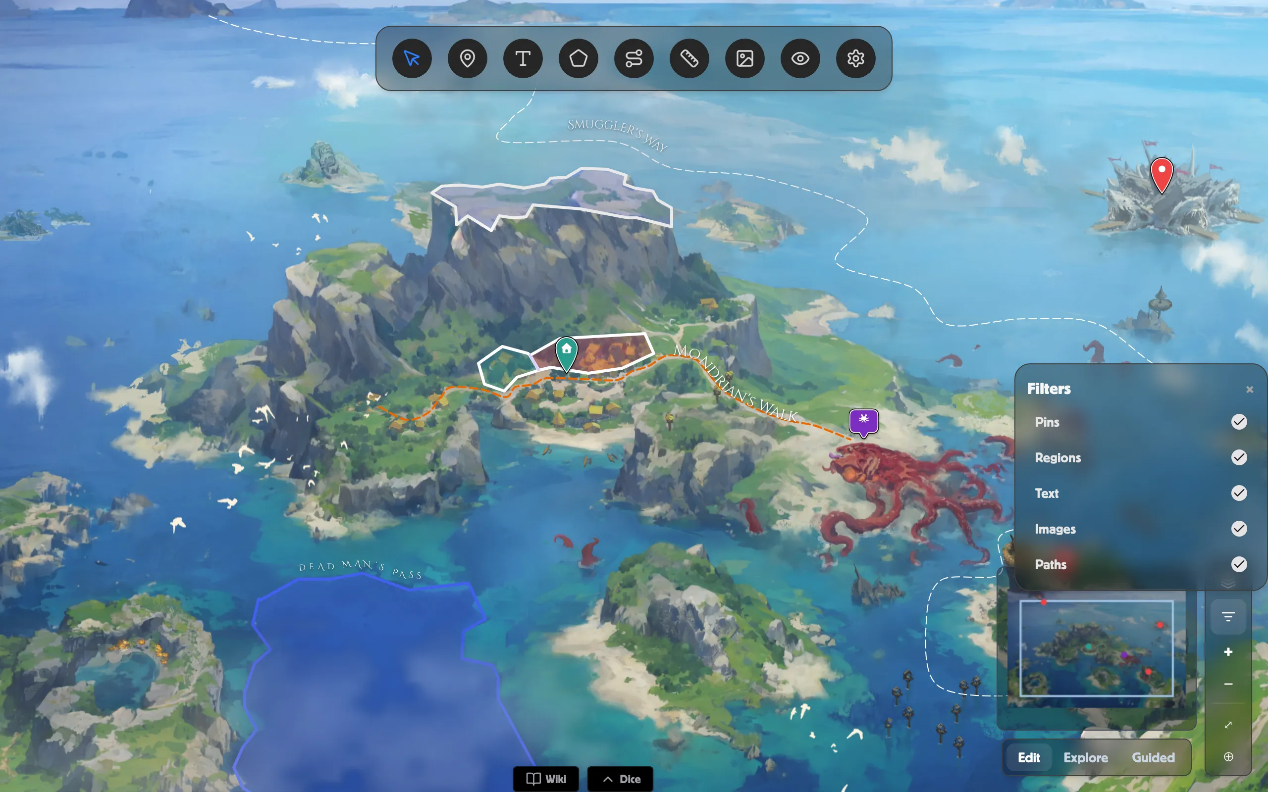 The Filters popover — show or hide Pins, Regions, Text, Images and Paths