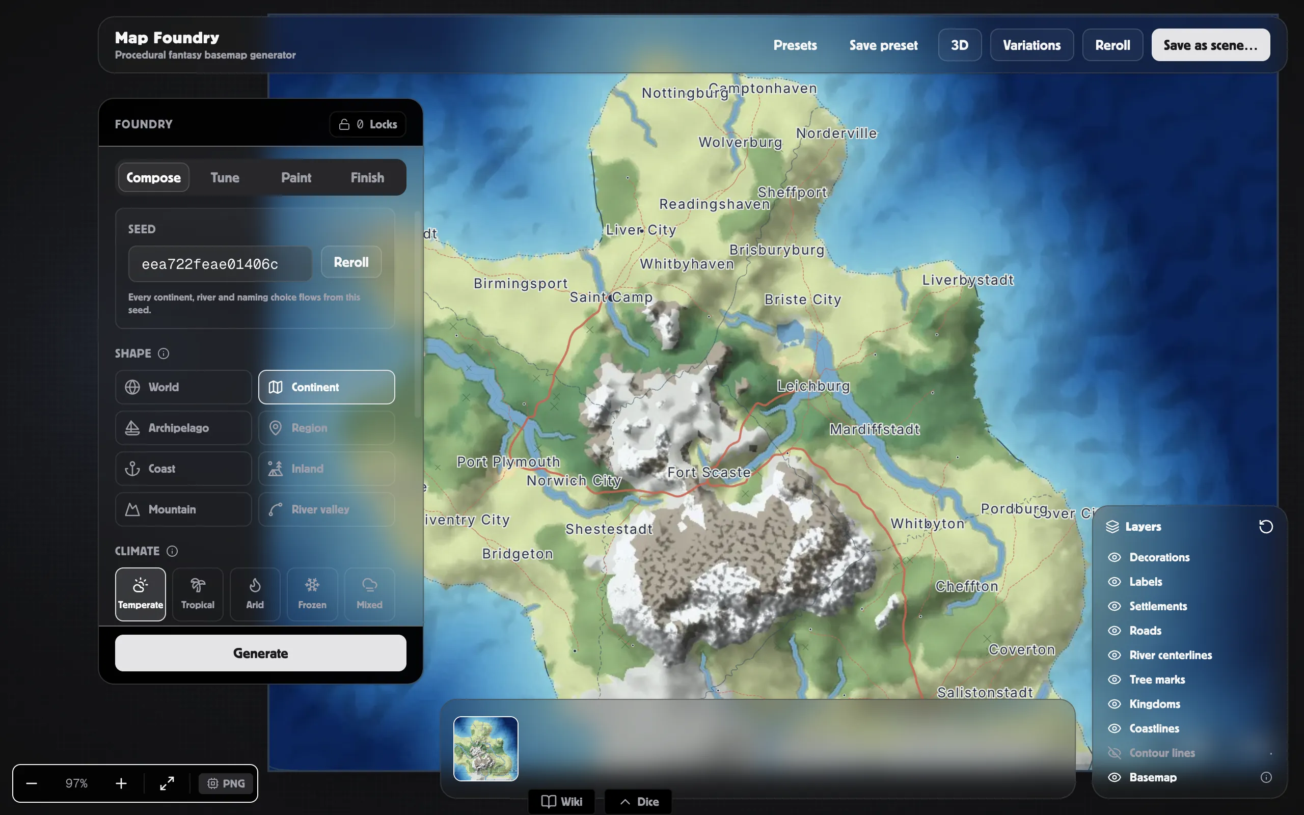The Map Foundry — a generated continent with the Build controls and the Layers panel