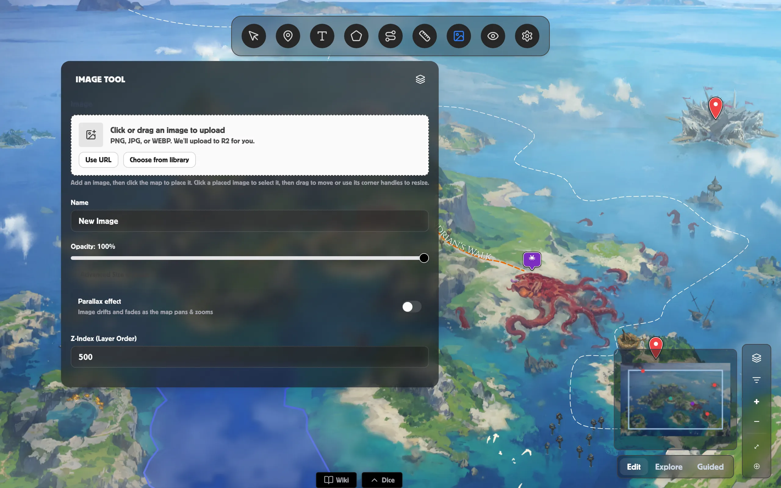 The Image panel over a World Map — uploader, Opacity, Parallax effect and Z-Index (Layer Order)