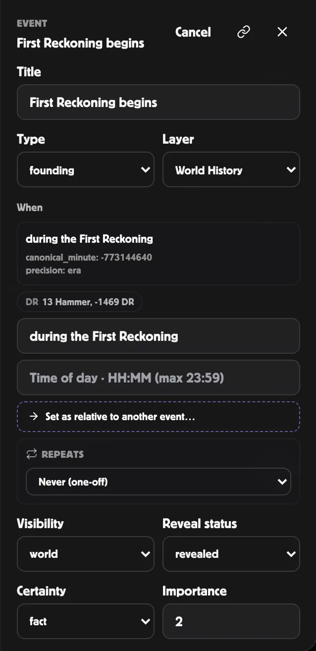 Inspector edit mode showing the Relative dating section