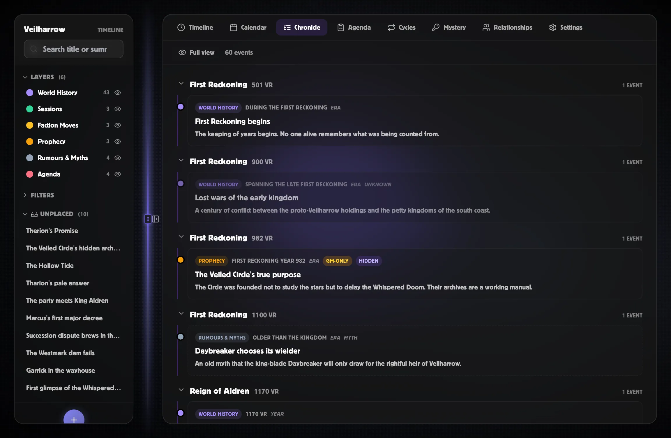 Chronicle tab — events grouped by session and year