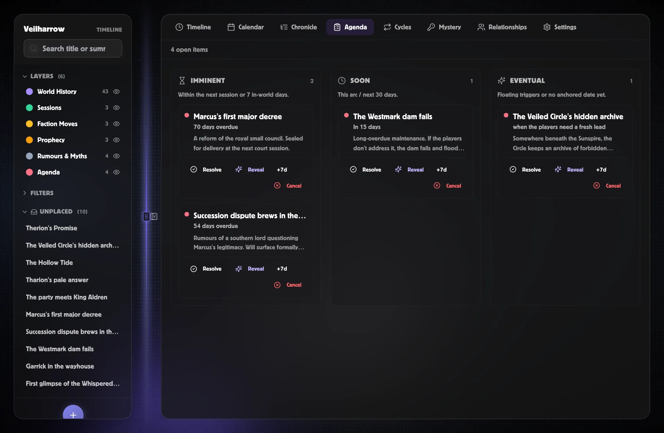 Agenda kanban with Imminent / Soon / Eventual columns