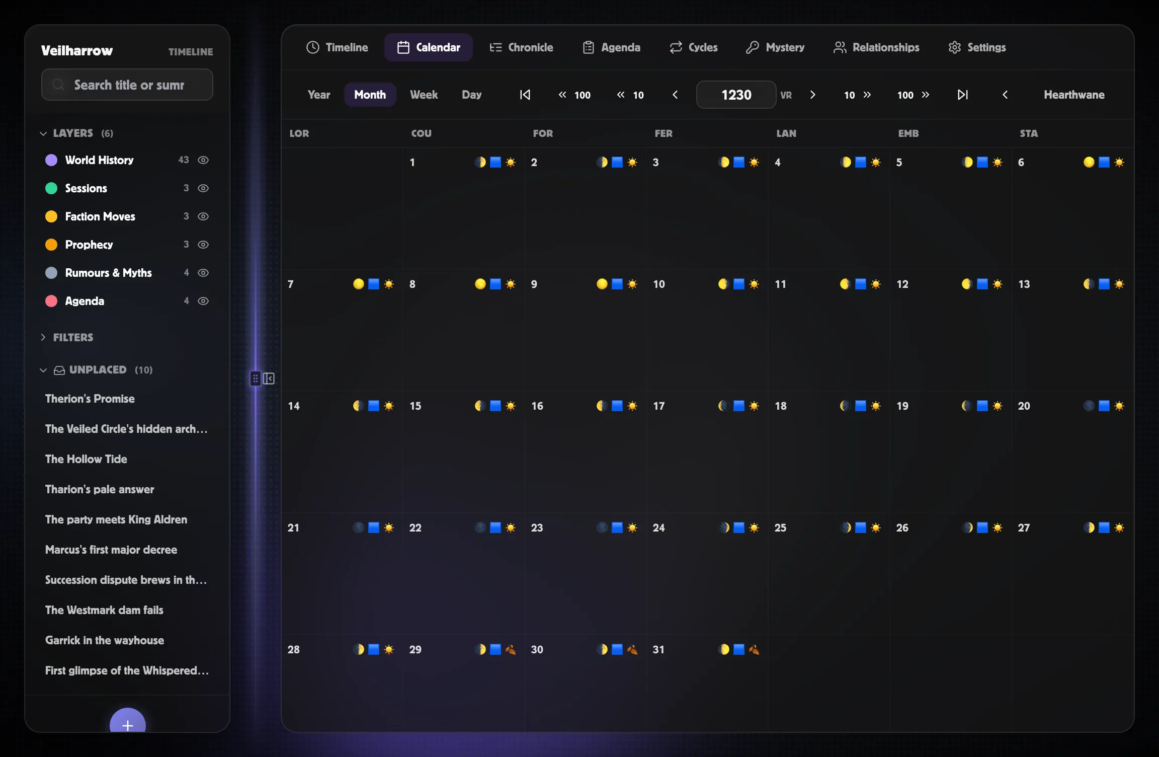 Month view of the world’s calendar with phase chips