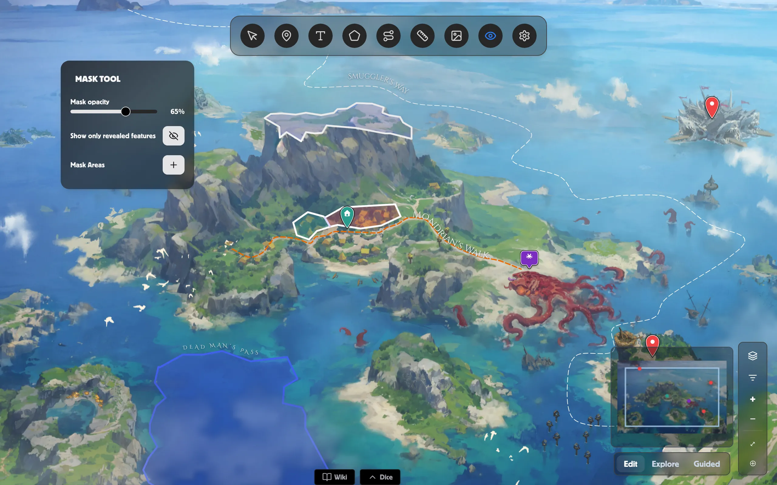 The Mask panel over a World Map — Mask opacity, Show only revealed features, and Mask Areas