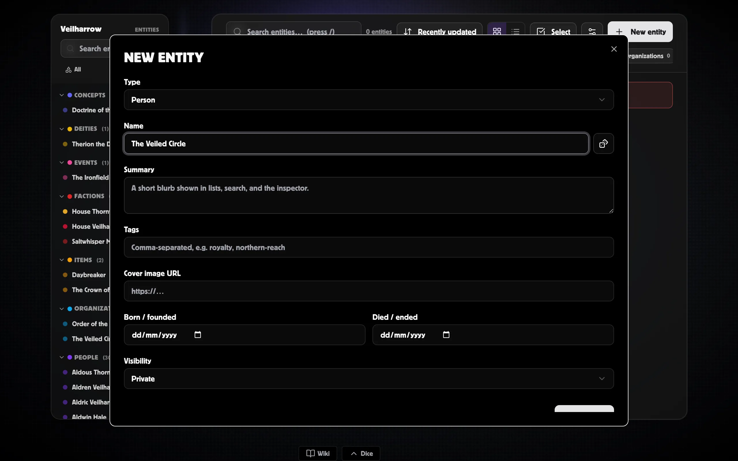 The New entity dialog — type, name, summary, dates and visibility
