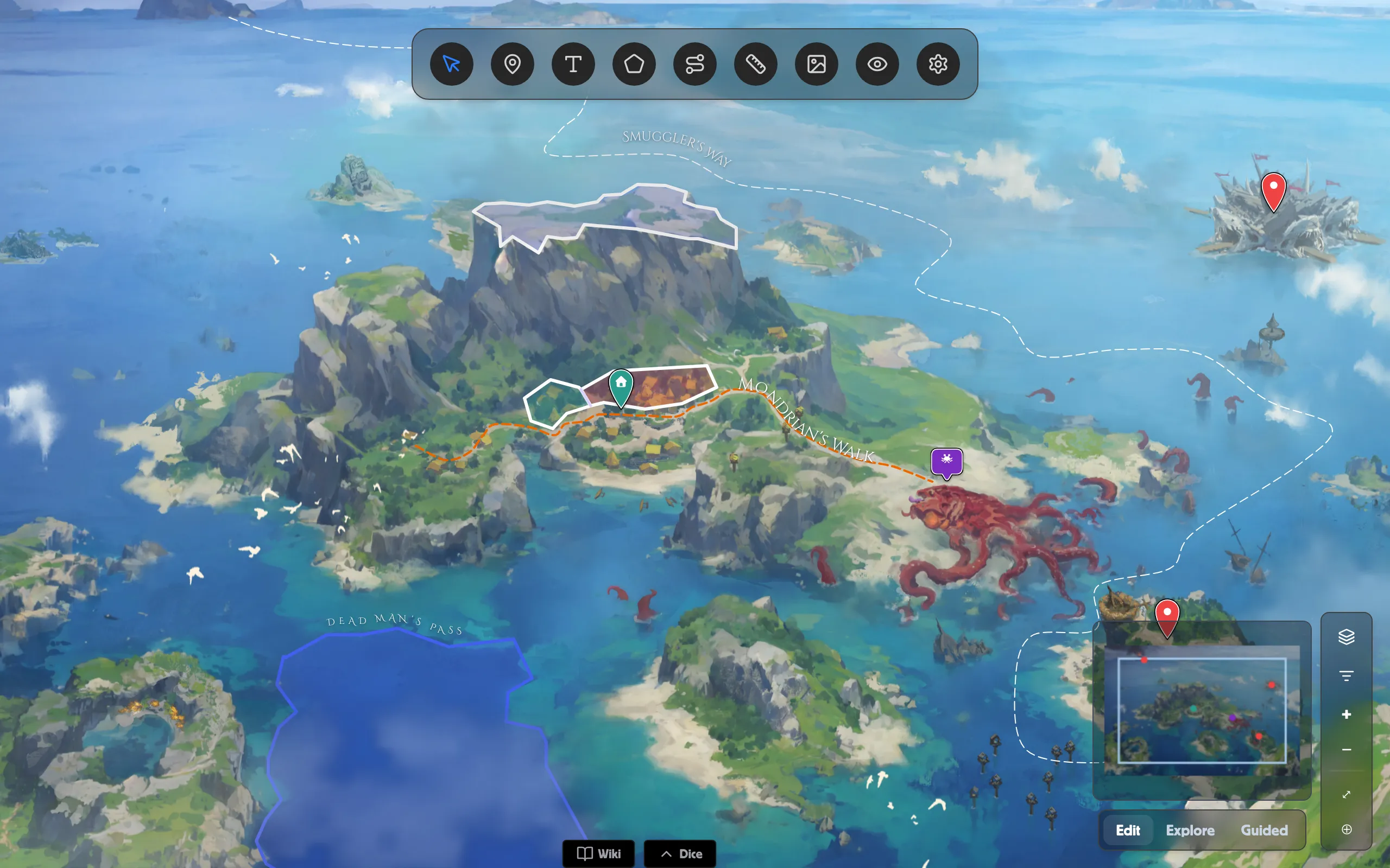 A World Map scene — a painted basemap with pins, paths, coloured regions and labels, the tool dock above and the mini map and view controls at bottom-right