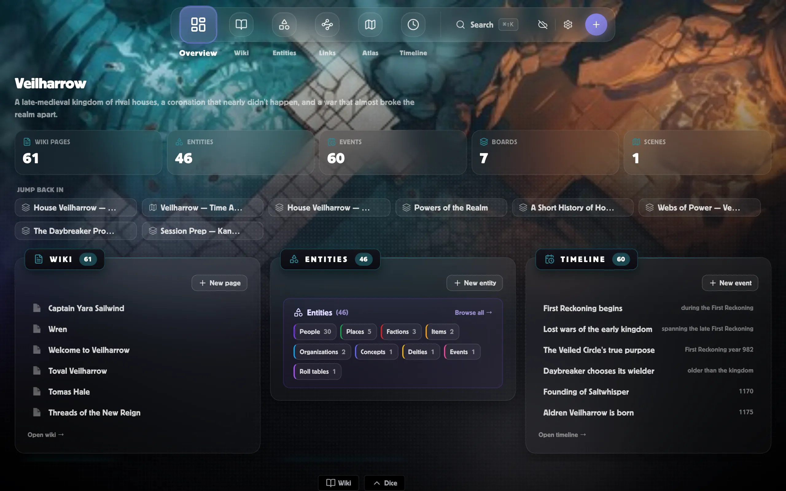 The World Hub Overview tab — the counter strip and the Wiki, Entities and Timeline panels