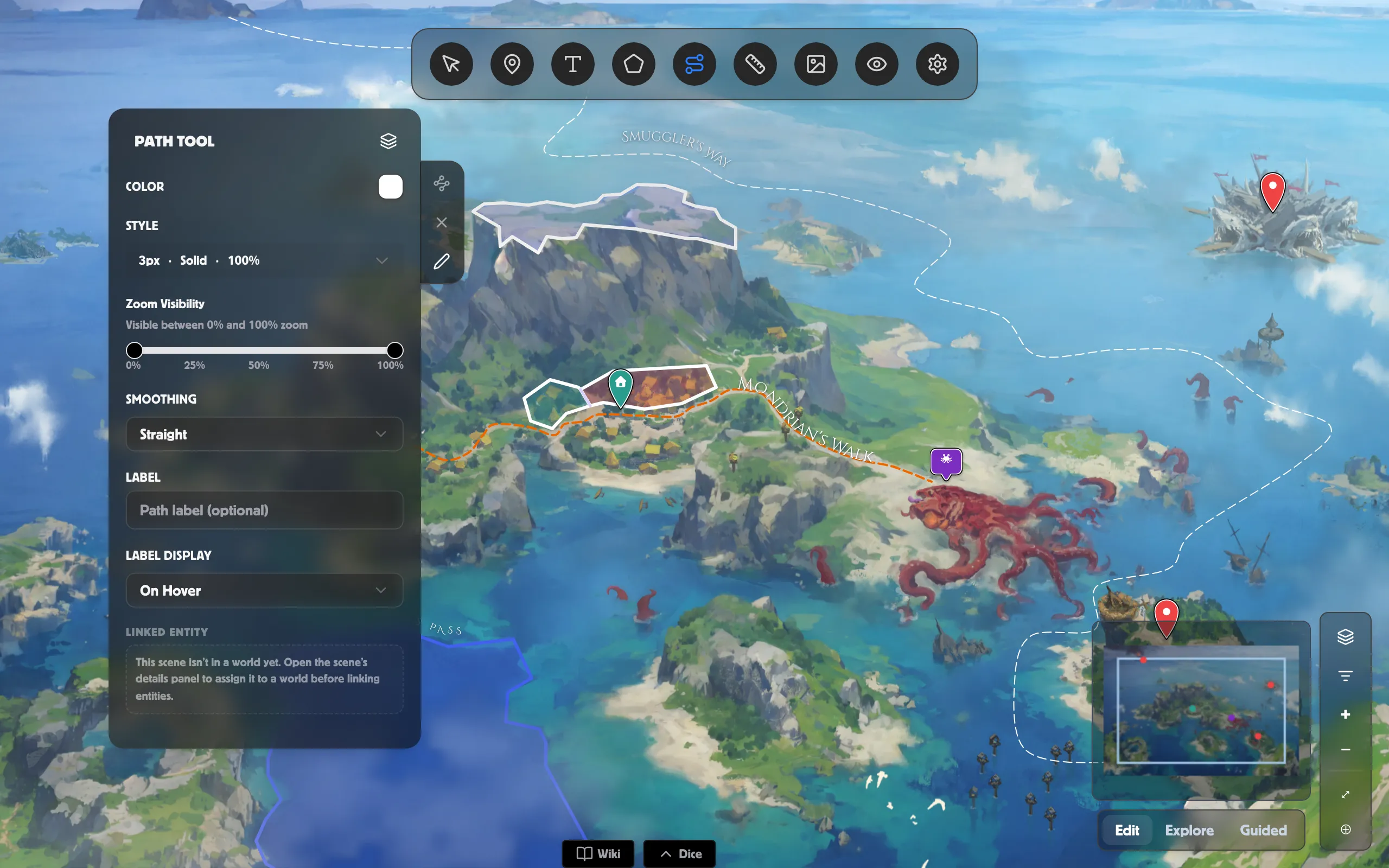 The Path panel over a World Map, with the Draw and Edit buttons on the panel’s edge