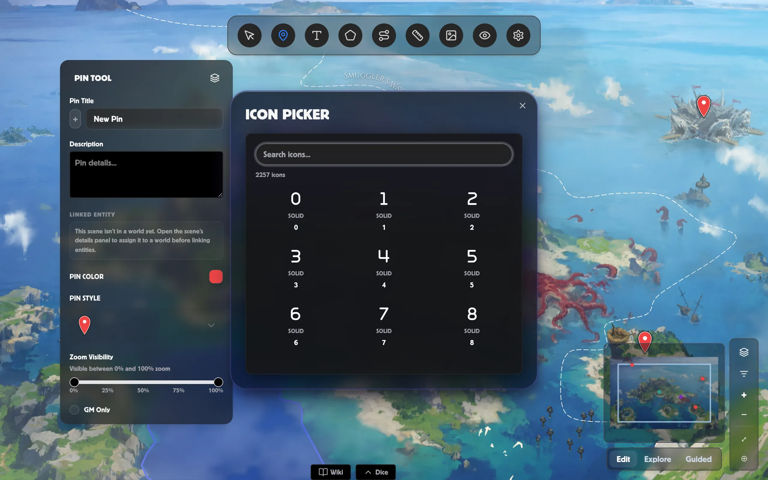 The icon picker open from the Pin panel — search across 2,000+ icons
