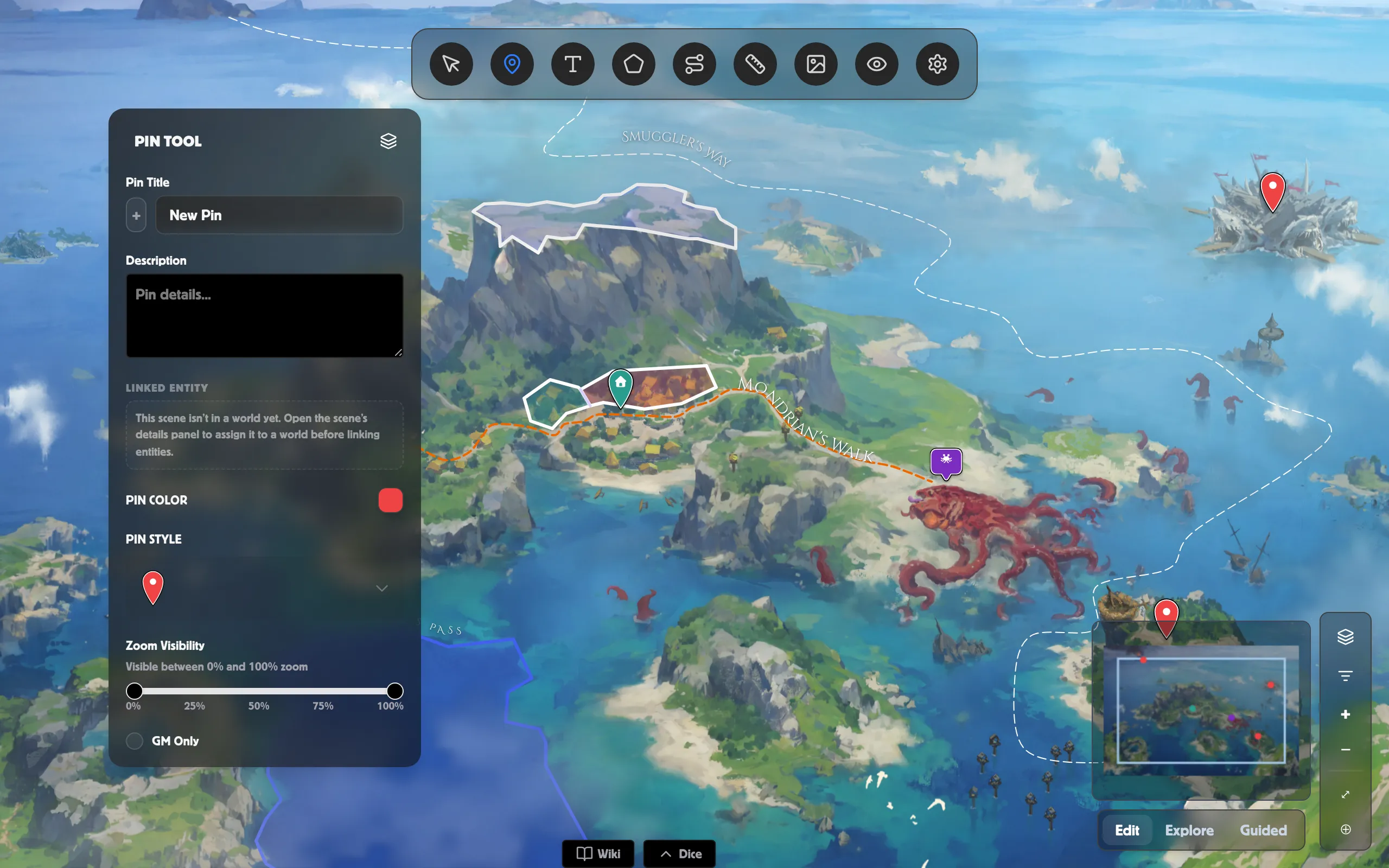 The Pin panel over a World Map — Pin Title, Description, Pin Color, Pin Style, Zoom Visibility and GM Only
