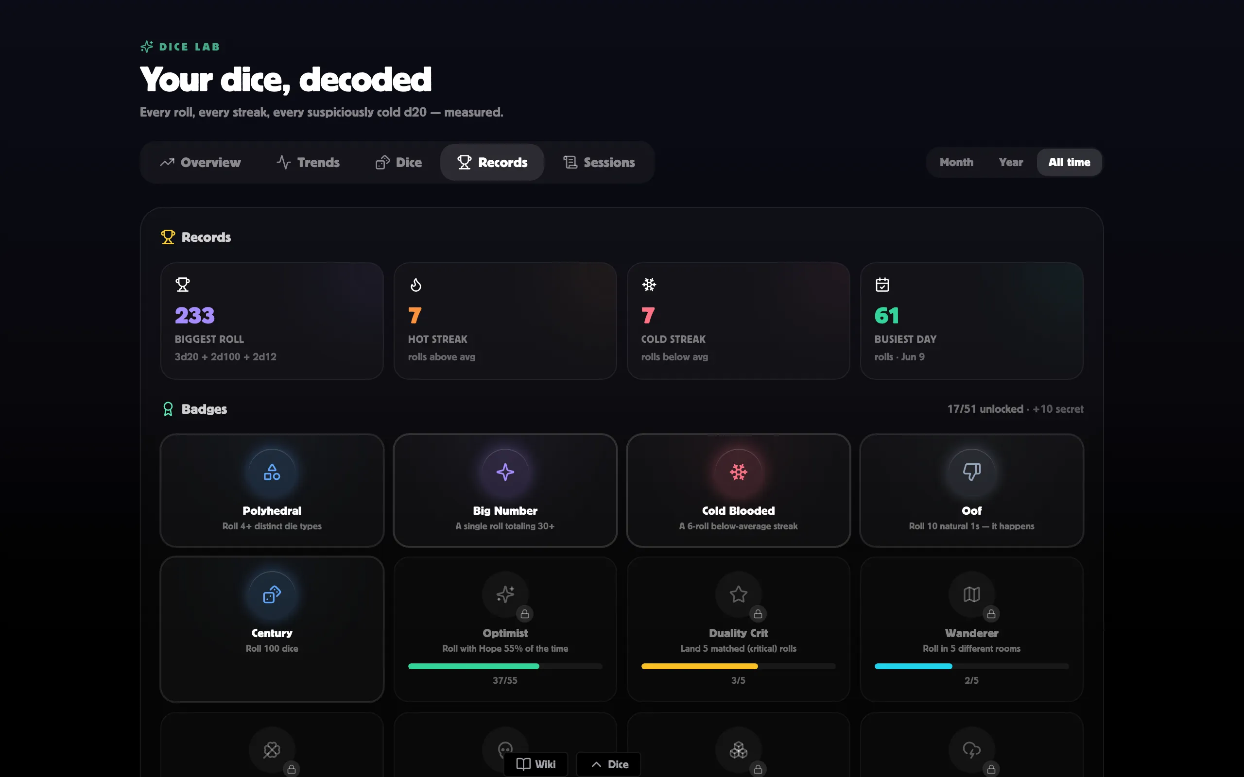 The Records tab — record cards and the badge shelves