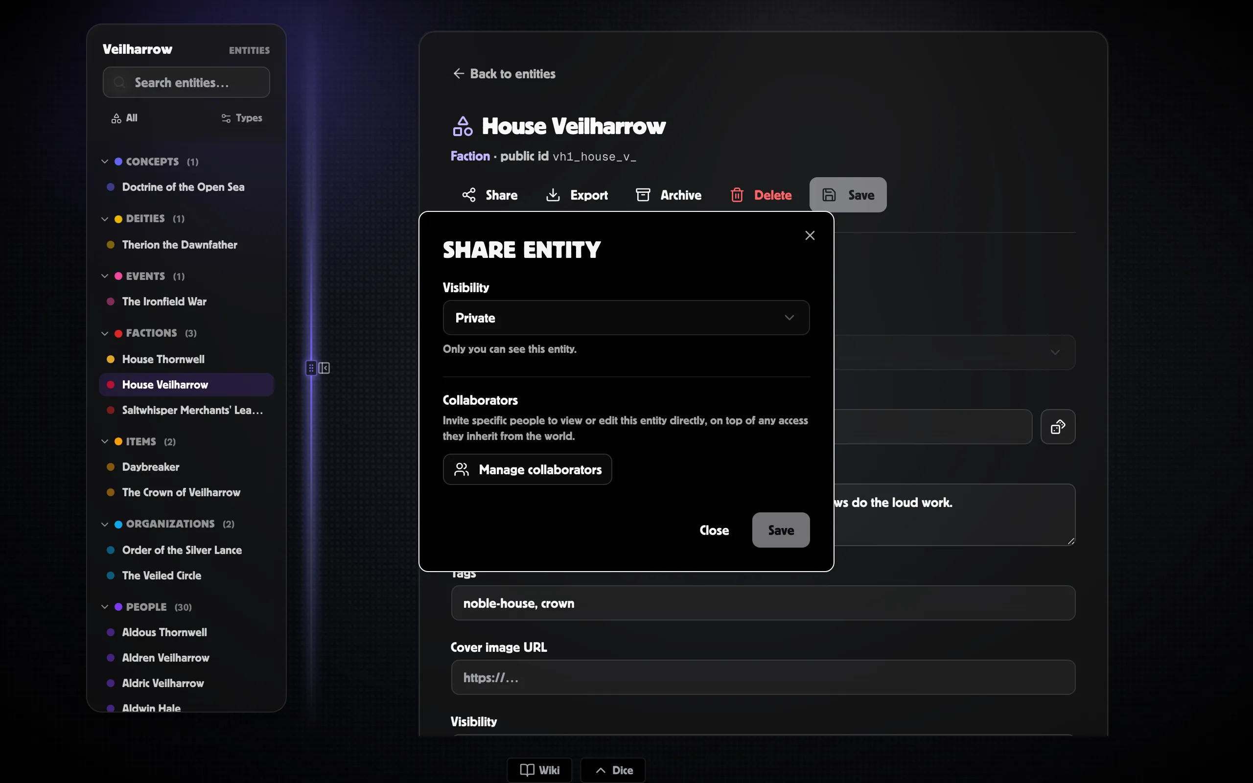 The Share Entity dialog — the visibility selector and collaborator controls