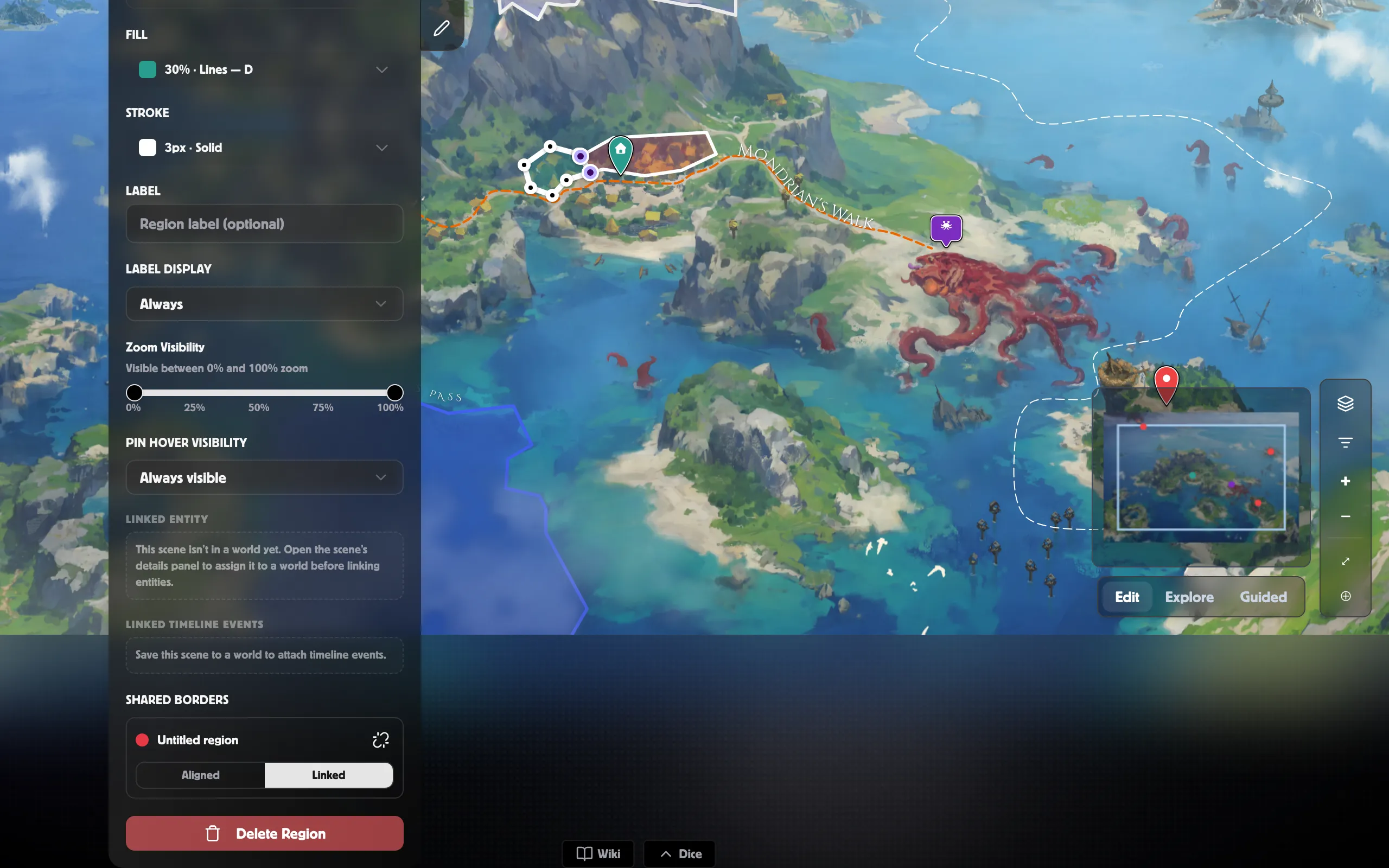 The Region panel’s Shared borders section with the Aligned / Linked toggle, and the linked seam’s draggable handles on the map
