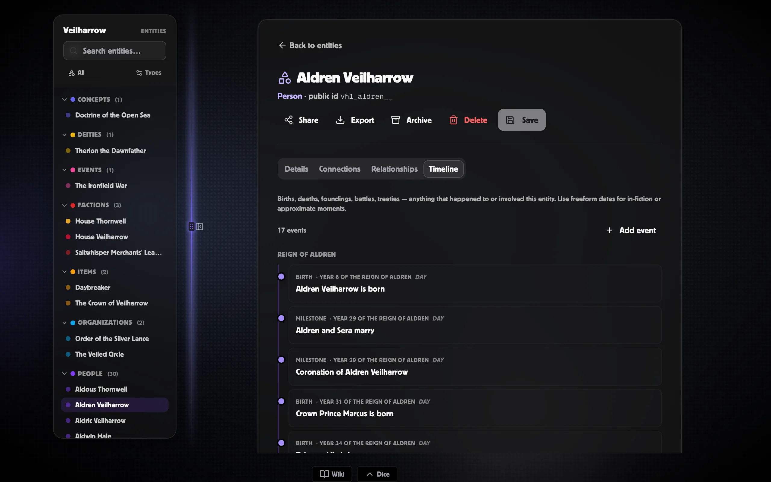 An entity’s Timeline tab — events grouped by era